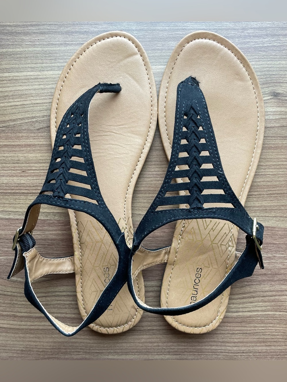 Maurices Black Laser Cut T-Strap Flat Sandals Size 11